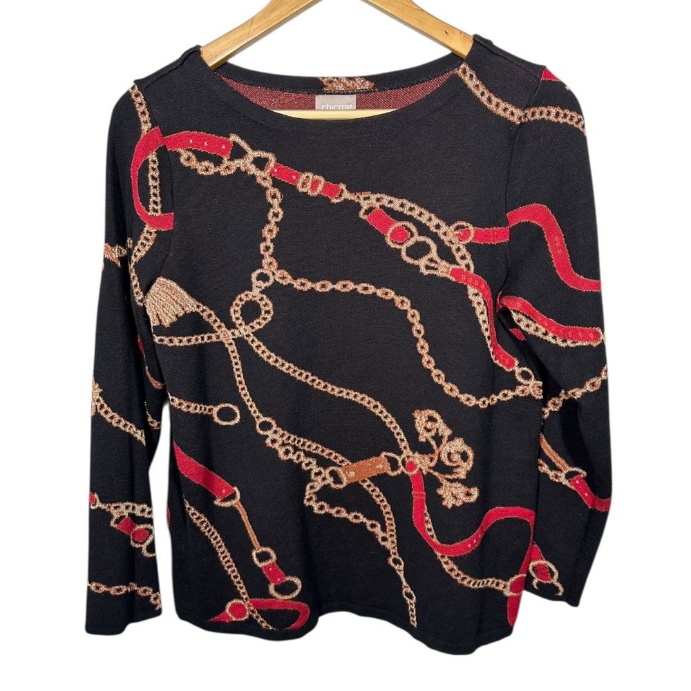 Womens Equestrian Bridle Print Sweater Sz S Preppy English Countryside